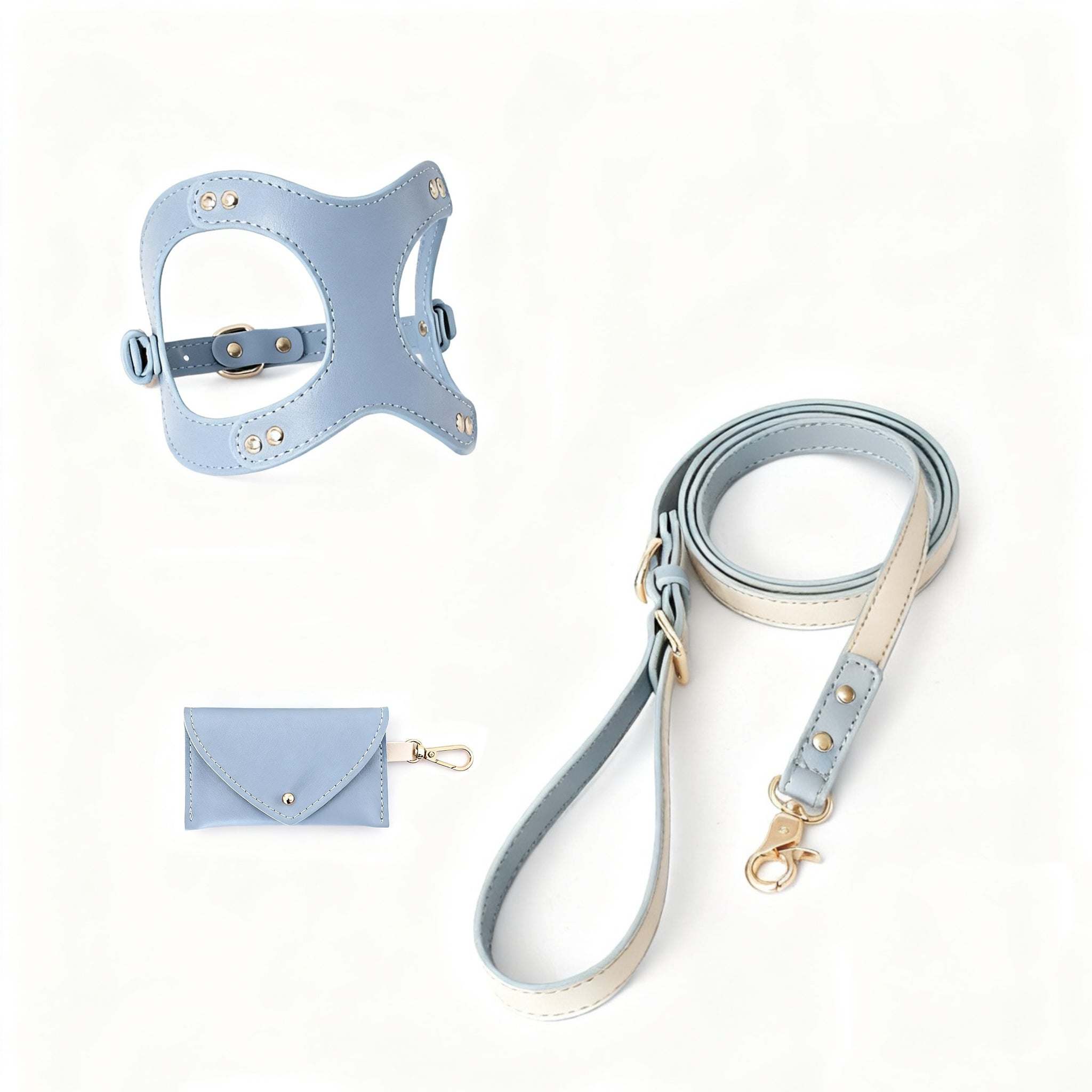 Classic Leather Walk Set — Harness + Leash + Poop Bag Holder (XS–L)