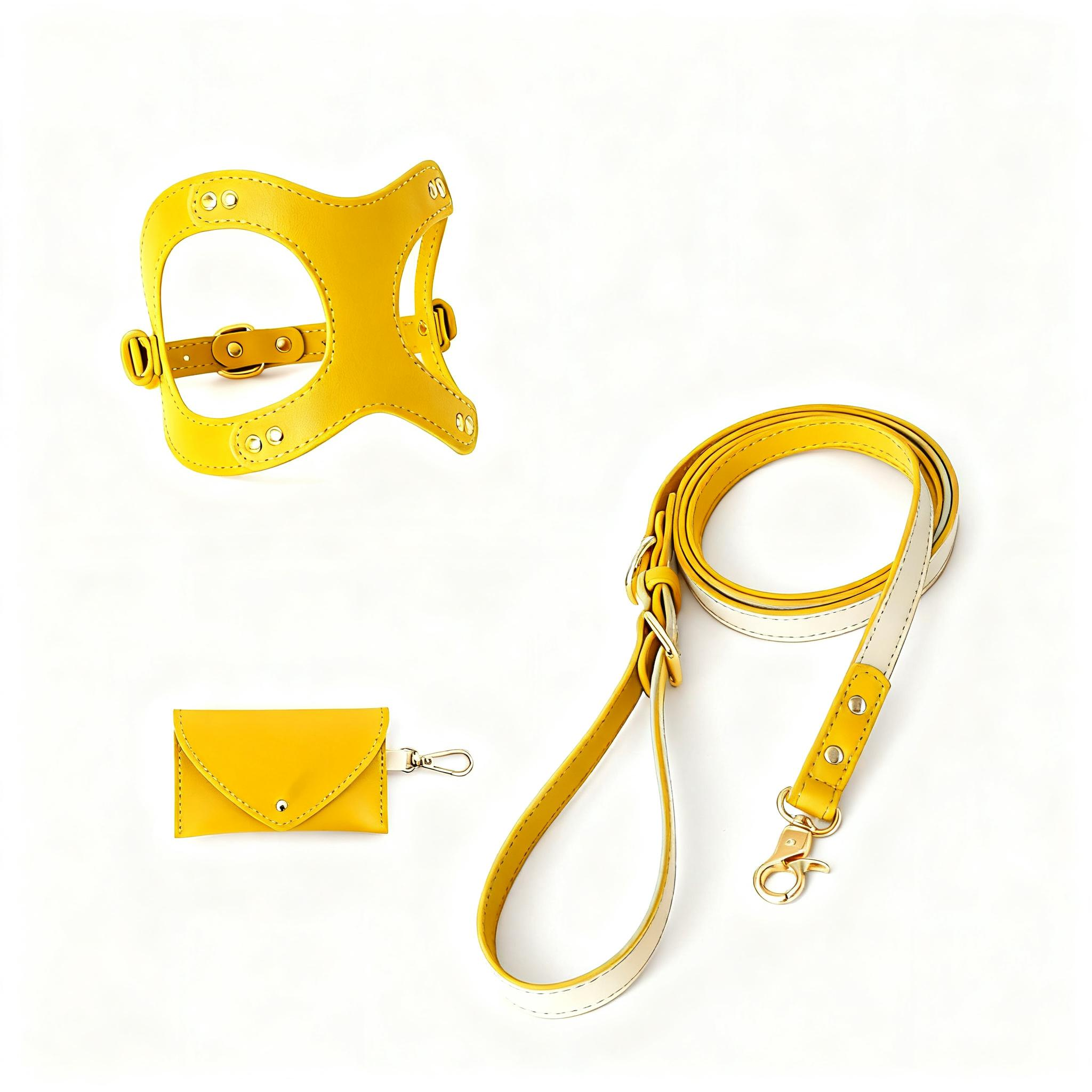 Classic Leather Walk Set — Harness + Leash + Poop Bag Holder (XS–L)