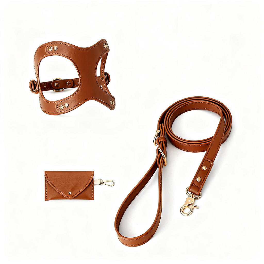 Classic Leather Walk Set — Harness + Leash + Poop Bag Holder (XS–L)