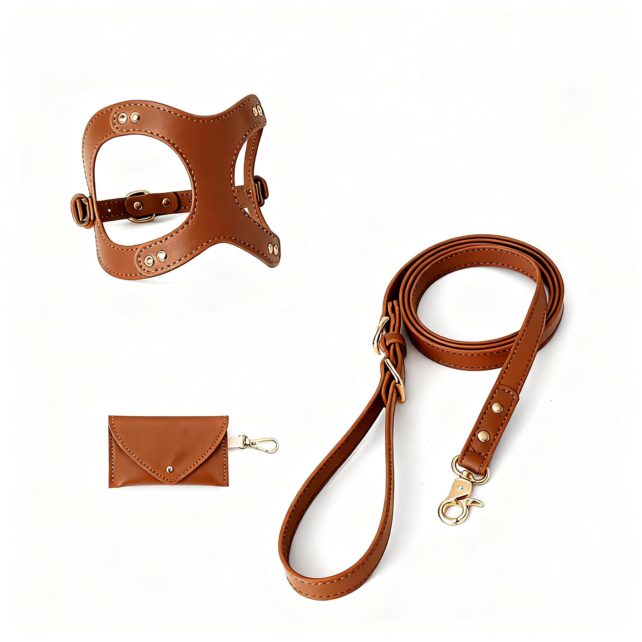 Classic Leather Walk Set — Harness + Leash + Poop Bag Holder (XS–L)