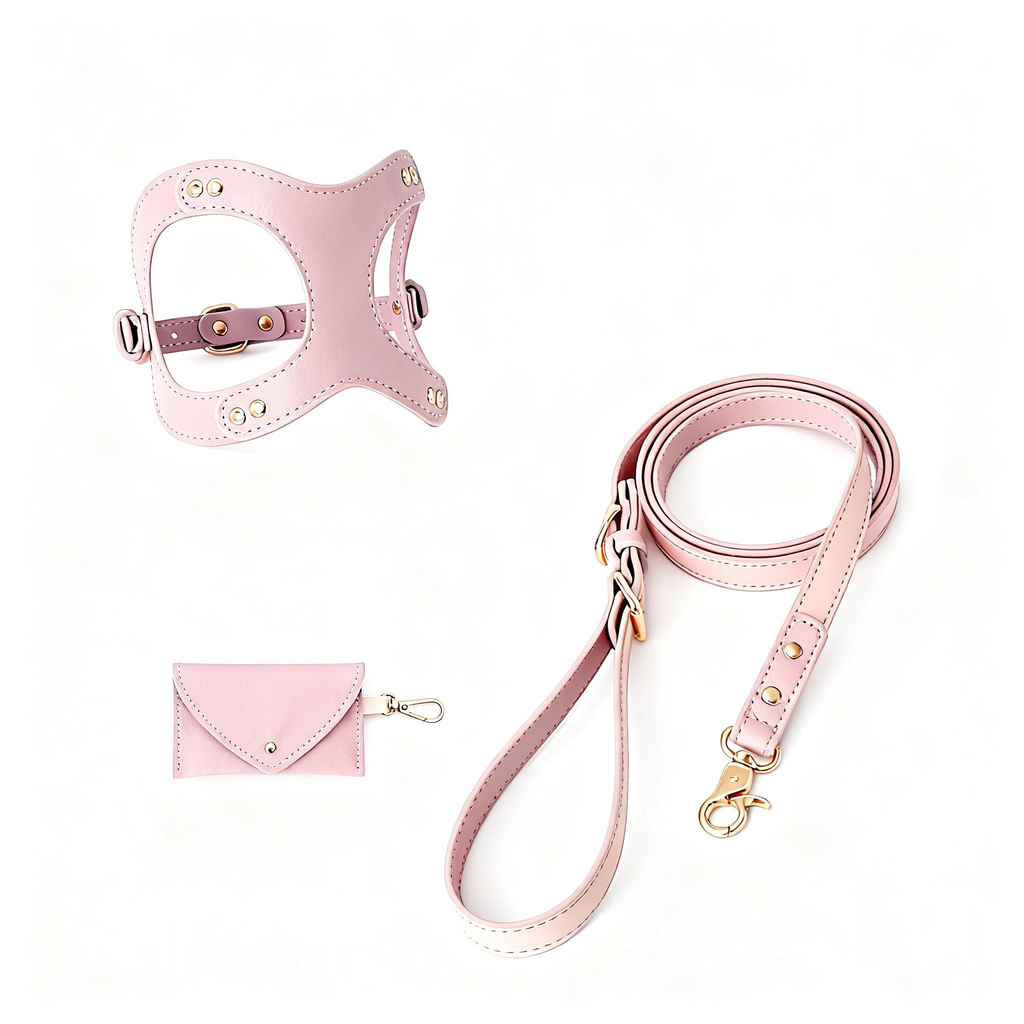 Classic Leather Walk Set — Harness + Leash + Poop Bag Holder (XS–L)