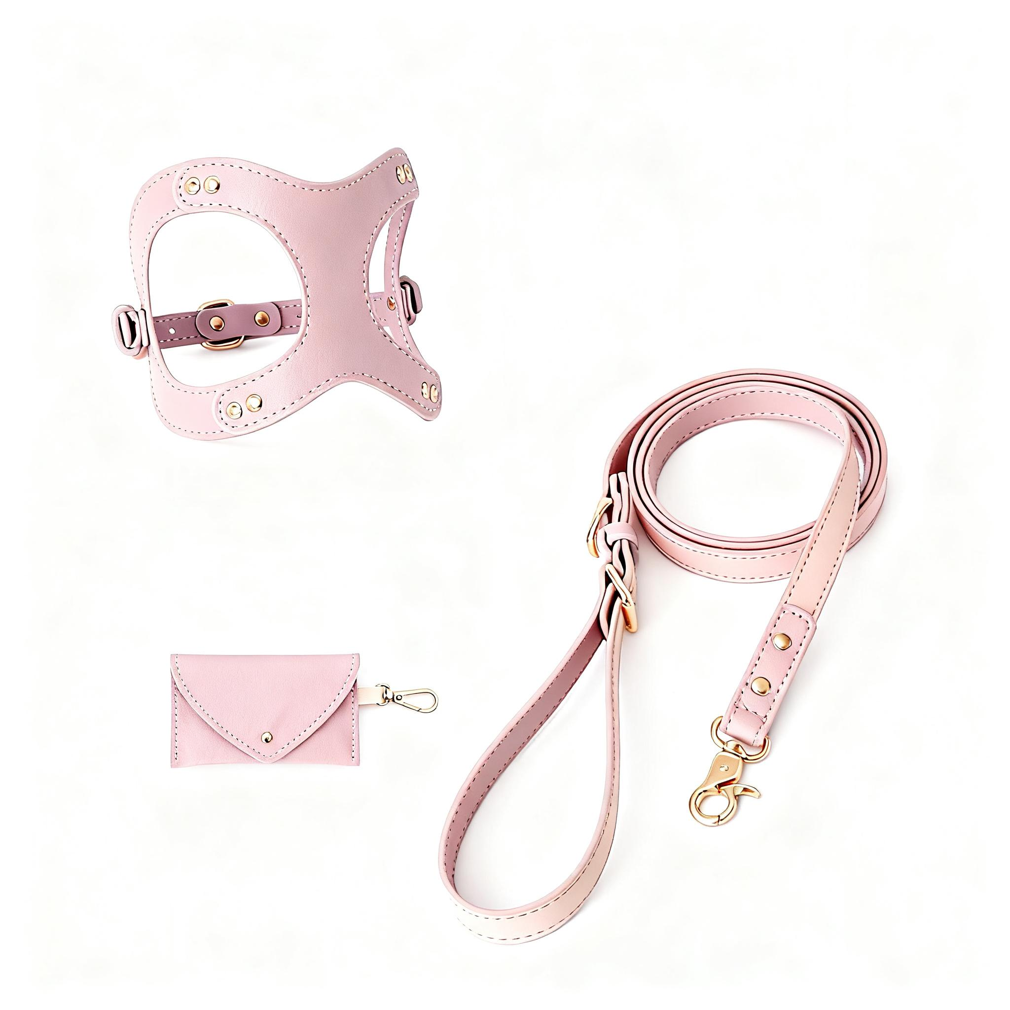 Classic Leather Walk Set — Harness + Leash + Poop Bag Holder (XS–L)