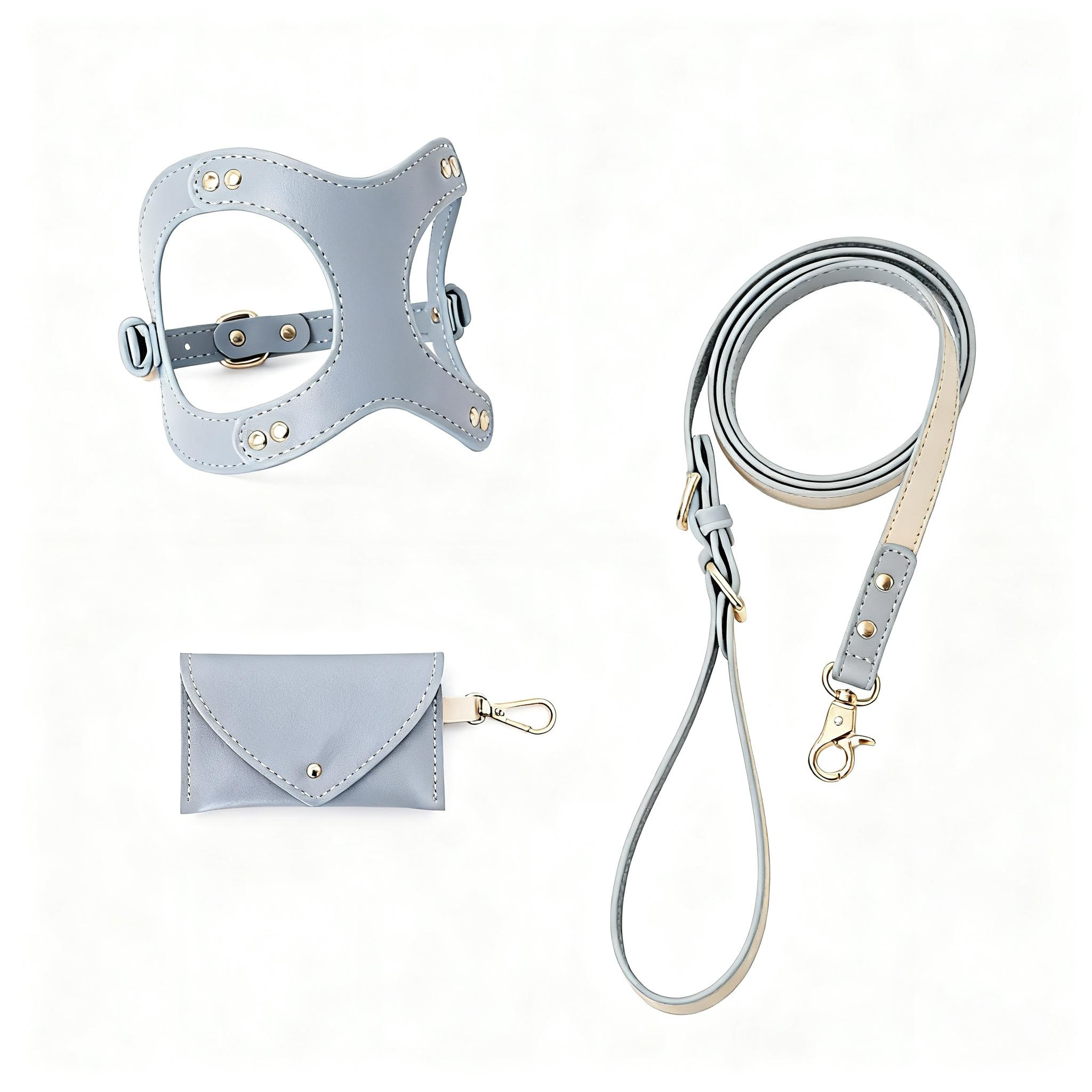 Classic Leather Walk Set — Harness + Leash + Poop Bag Holder (XS–L)