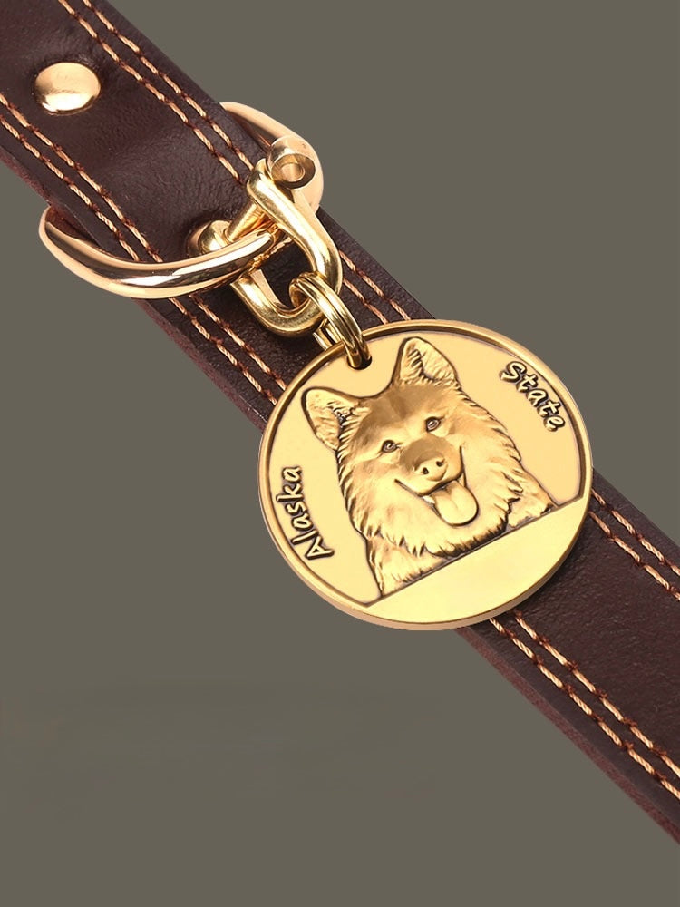 Heritage Leather Dog Collar with Medal Tag  (XS–L)