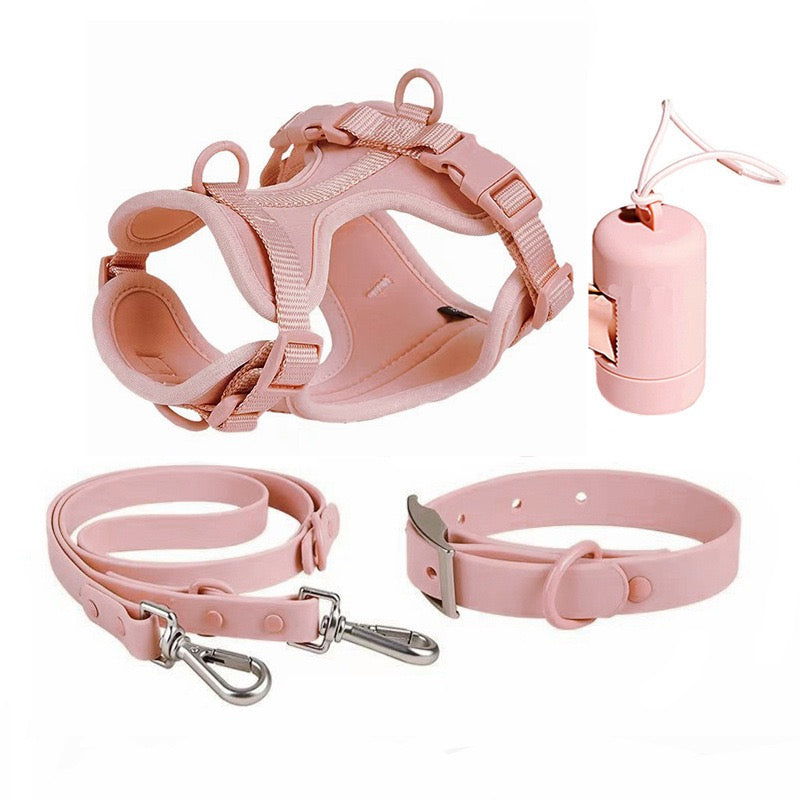 Waterproof PVC Walk Set — 4‑Piece (Harness + Leash + Collar + Waste-Bag Holder)  | Odor-Resistant, Easy-Clean, Anti-Slip Grip(XS–L)