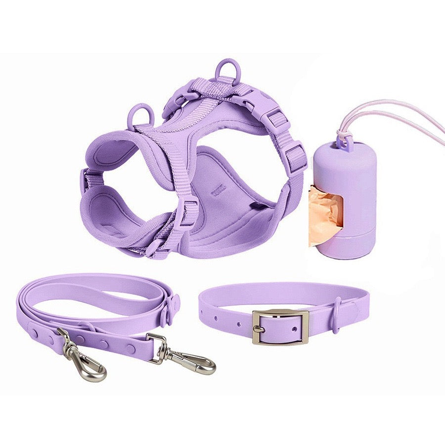 Waterproof PVC Walk Set — 4‑Piece (Harness + Leash + Collar + Waste-Bag Holder)  | Odor-Resistant, Easy-Clean, Anti-Slip Grip(XS–L)