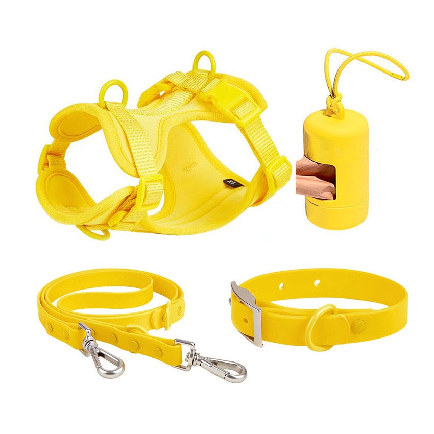 Waterproof PVC Walk Set — 4‑Piece (Harness + Leash + Collar + Waste-Bag Holder)  | Odor-Resistant, Easy-Clean, Anti-Slip Grip(XS–L)