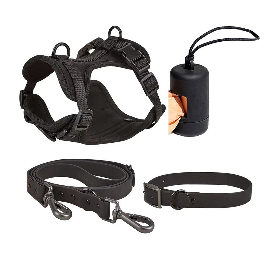 Waterproof PVC Walk Set — 4‑Piece (Harness + Leash + Collar + Waste-Bag Holder)  | Odor-Resistant, Easy-Clean, Anti-Slip Grip(XS–L)