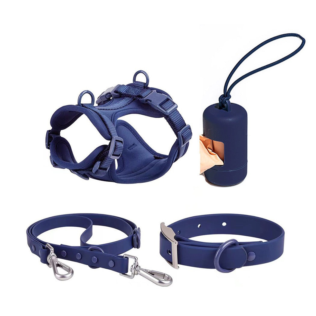 Waterproof PVC Walk Set — 4‑Piece (Harness + Leash + Collar + Waste-Bag Holder)  | Odor-Resistant, Easy-Clean, Anti-Slip Grip(XS–L)