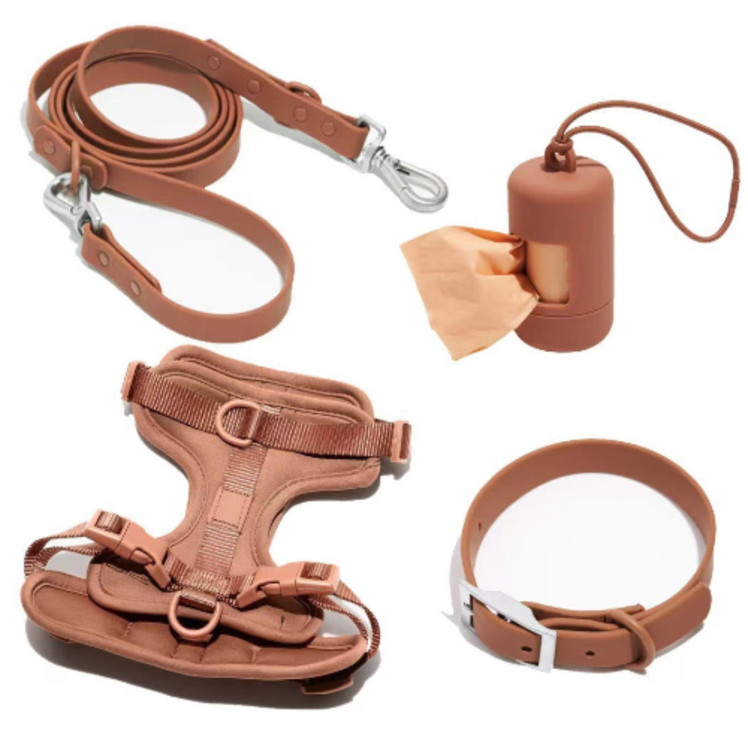 Waterproof PVC Walk Set — 4‑Piece (Harness + Leash + Collar + Waste-Bag Holder)  | Odor-Resistant, Easy-Clean, Anti-Slip Grip(XS–L)