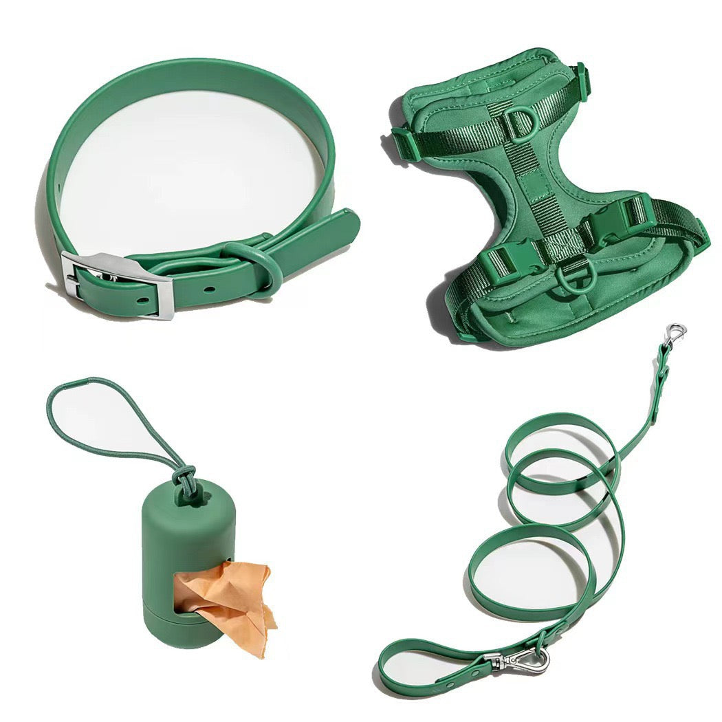 Waterproof PVC Walk Set — 4‑Piece (Harness + Leash + Collar + Waste-Bag Holder)  | Odor-Resistant, Easy-Clean, Anti-Slip Grip(XS–L)