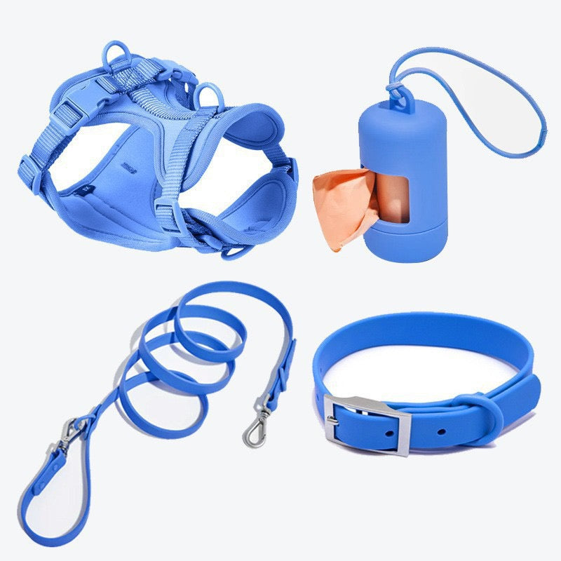 Waterproof PVC Walk Set — 4‑Piece (Harness + Leash + Collar + Waste-Bag Holder)  | Odor-Resistant, Easy-Clean, Anti-Slip Grip(XS–L)