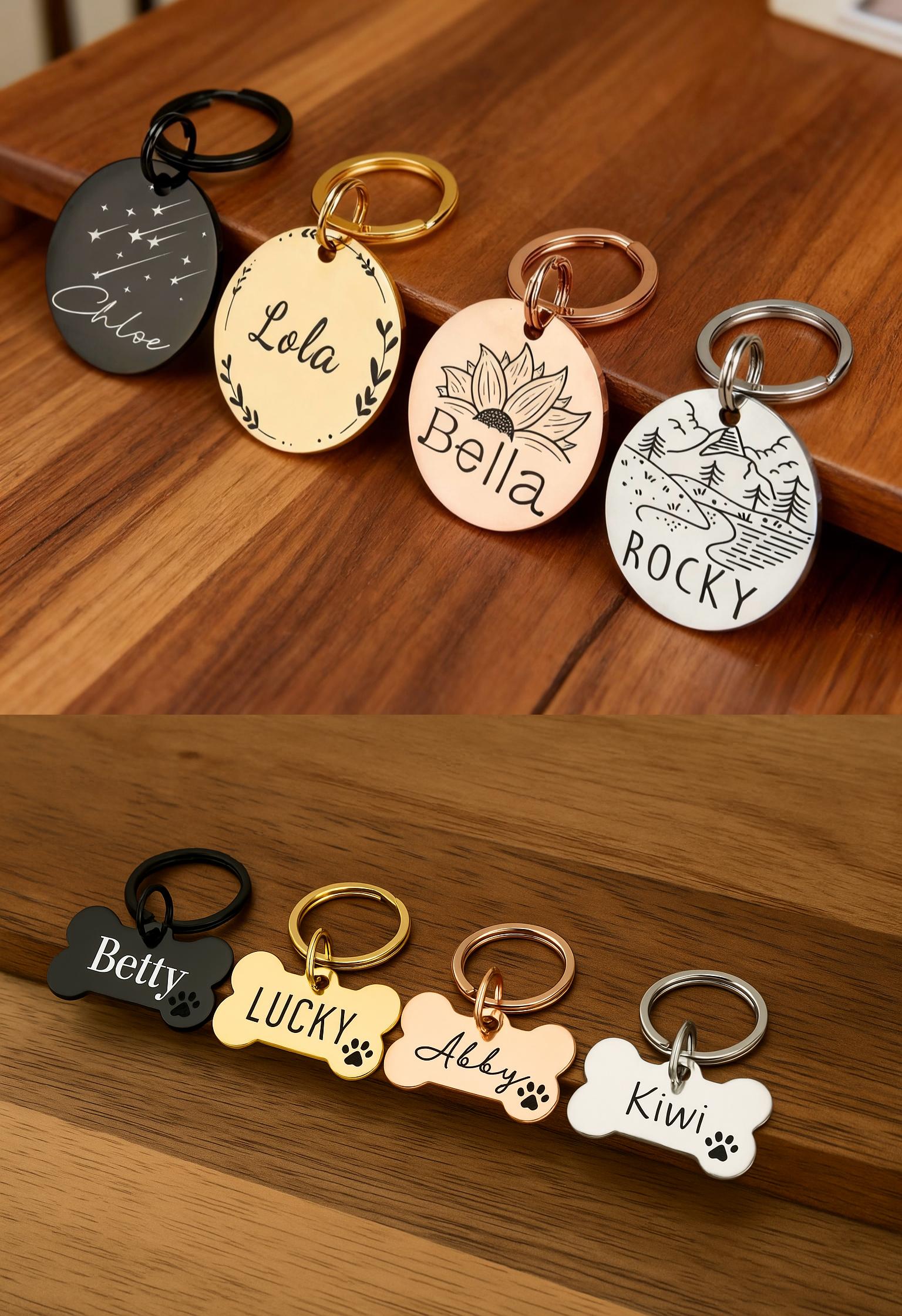Personalized Laser-Engraved Pet Tag — Bone & Round Shapes | Custom Name & Phone | Durable Alloy, Anti-Rust Finish