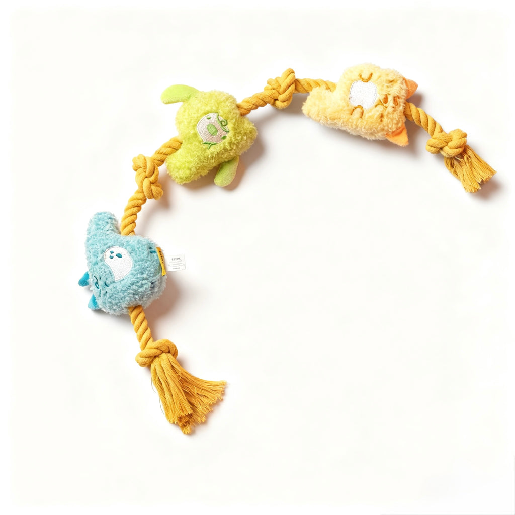 Rope‑Knot Plush Dog Toy — Crinkle + Squeaker | 57×9 cm