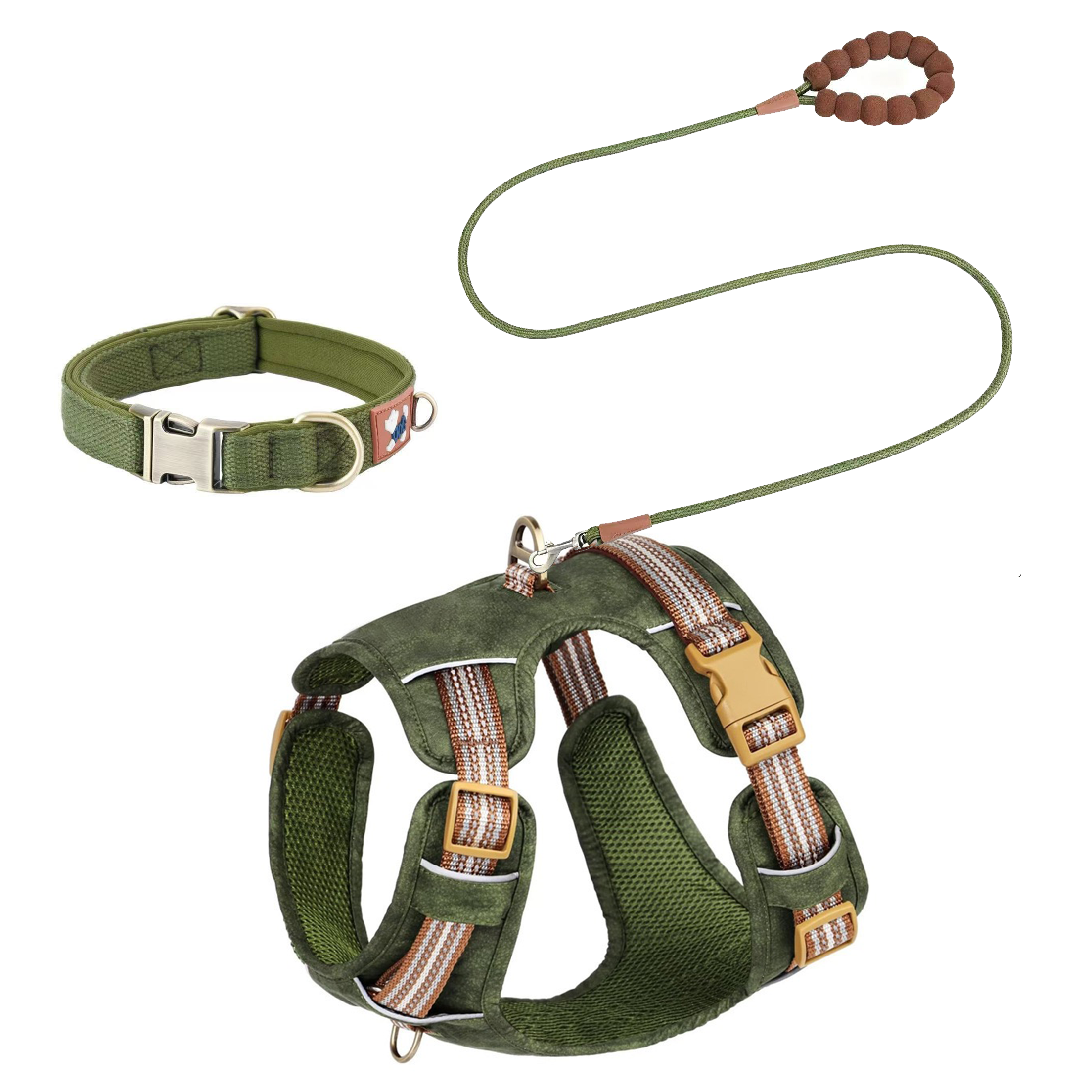 Lightweight Breathable 3‑Piece Walking Set — Harness + Leash + Engravable Collar | Matching Colors (XS–L)